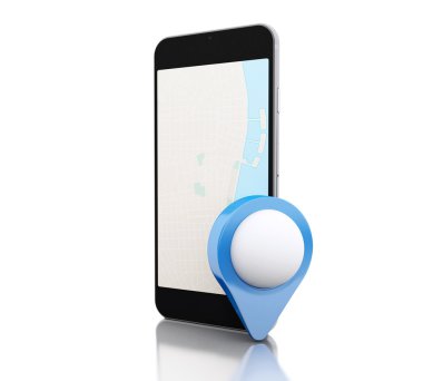 3d Smartphone with a map and blue map pointer.