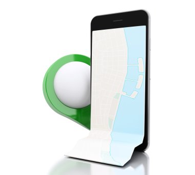 Bir harita ve yeşil harita işaretçisi ile 3d Smartphone.