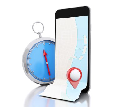 Bir harita, kırmızı işaretçi ve bir pusula ile 3d Smartphone.