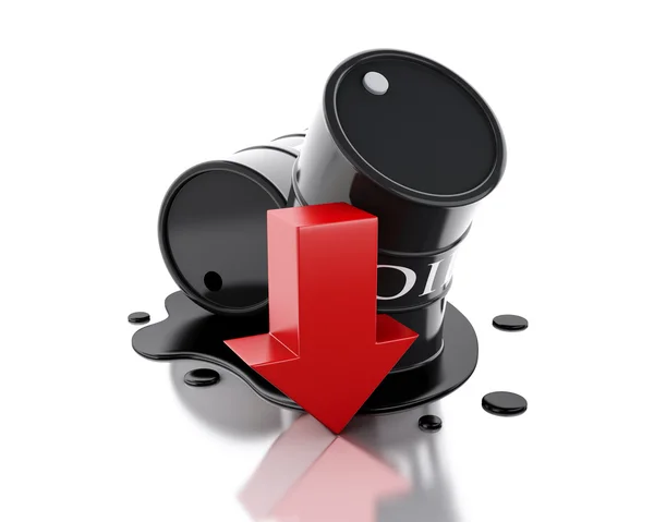 3d Two barrels of oil spilled with an arrow pointing down. — Zdjęcie stockowe