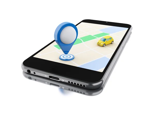 Smartphone 3d con un mapa y puntero azul . — Foto de Stock