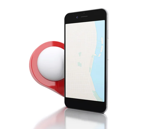 地図と赤い地図ポインタを持つ3Dスマートフォン. — ストック写真