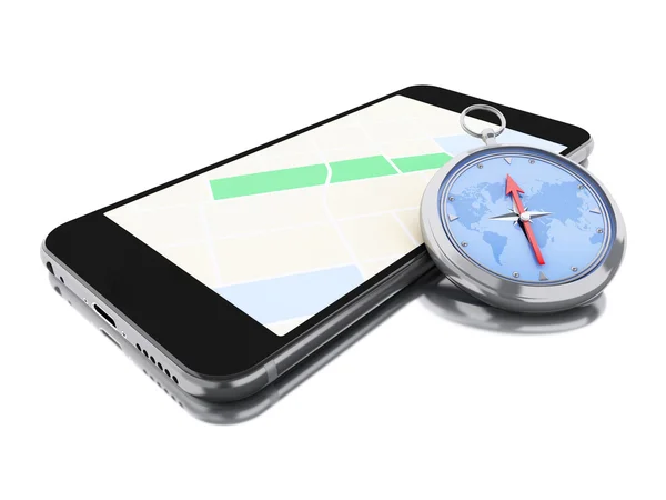 3d Smartphone with a map and a compass. — Stok fotoğraf