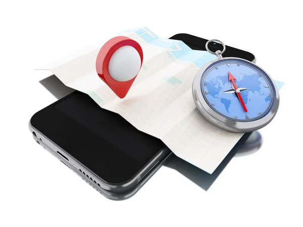 3D smartphone s mapou, červeným ukazatelem a kompasem. — Stock fotografie