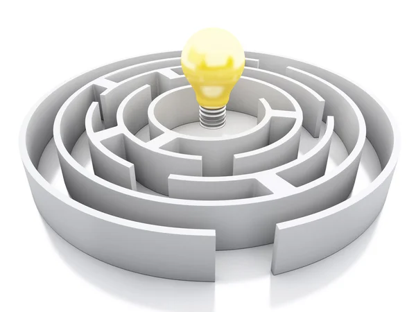 3D weißes Labyrinth mit Glühbirnen-Symbol. — Stockfoto