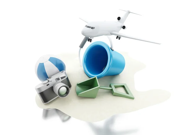 3D flygplan, kamera och strandleksaker. Resekoncept. — Stockfoto