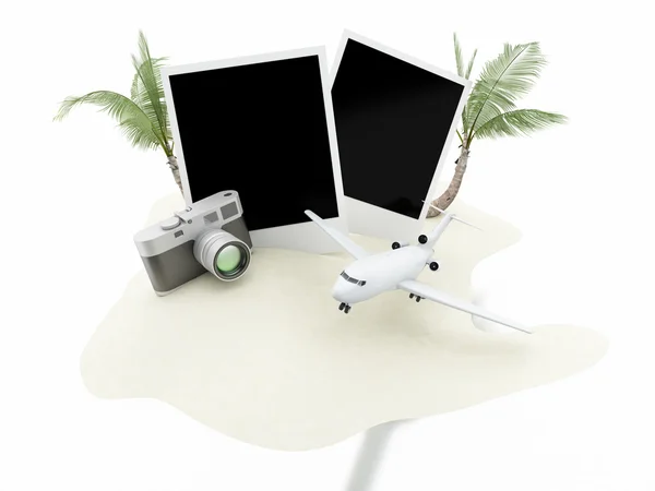 Avion 3D, appareil photo et photos. Concept de voyage . — Photo