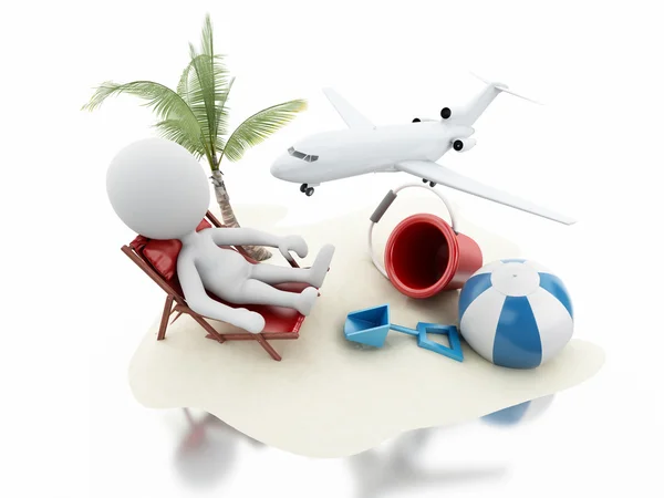 3d personas blancas con juguetes de playa y avión . —  Fotos de Stock