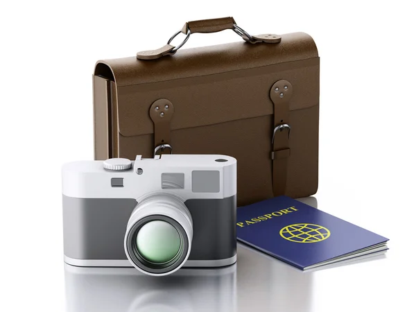 3d Old brown suitcase, camera and passport. — Stock Photo, Image