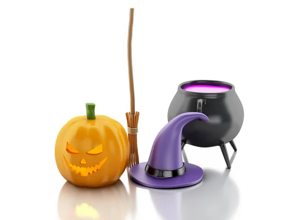 3D Halloween pumpa med hatt, broom och häxan pot. — Stockfoto