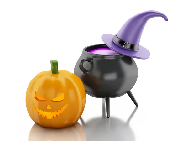 3D Halloween pumpa med hatt och häxan pot. — Stockfoto