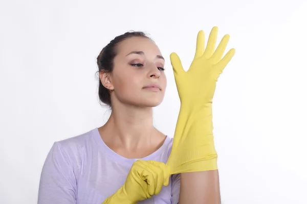 Woman with cleaning gloves — Stock Photo, Image