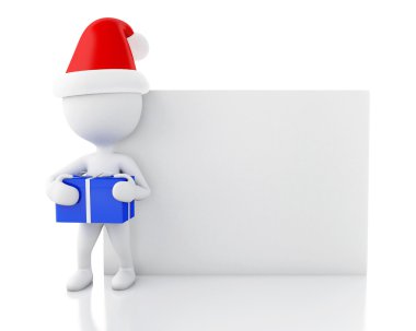 Mavi hediye kutusu ve boş bir tahta ile 3d Beyaz insanlar. 