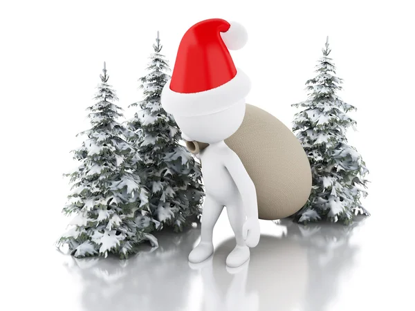 3d Santa Claus with bag of gifts and  Christmas tree in fresh sn — Stock Fotó