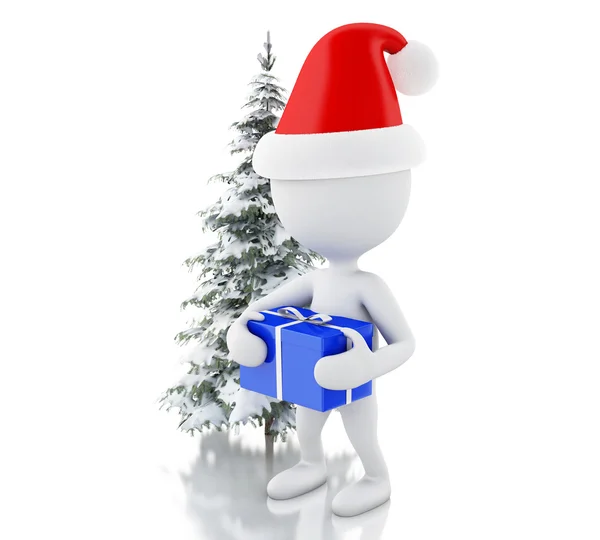 3d White people with blue gift box and Christmas tree in fresh s — Zdjęcie stockowe