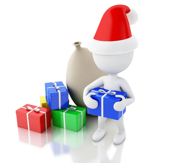 3d Santa Claus con bolsa y cajas de regalo. Concepto de Navidad . —  Fotos de Stock