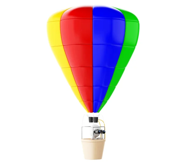 3d White people on colorful hot air ballon with binoculars. — Stock Photo, Image