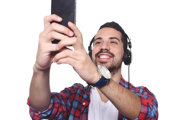 그의 스마트폰으로 selfie를 복용 하는 젊은 남자. — 스톡 사진