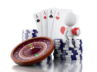 Beyaz insanlarla 3D casino rulet tekerleği, cips, poker kartları bir