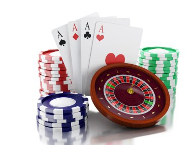 3D casino rulet tekerleği yongaları ve poker kartları ile.