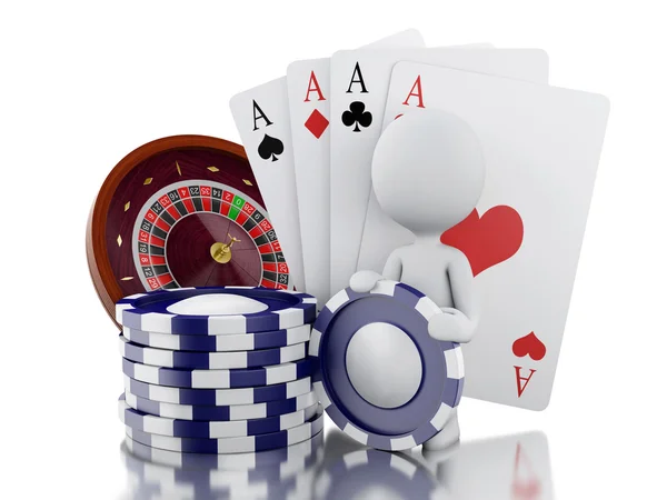 3d persone bianche con ruota roulette casinò, patatine fritte e carta da poker — Foto Stock