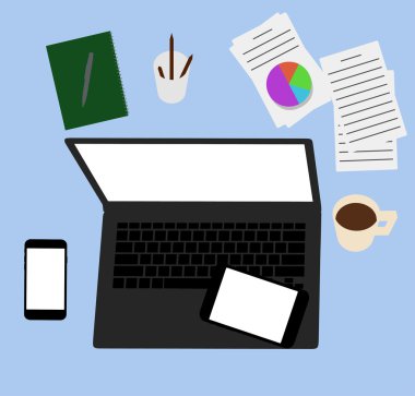 Vektör çizim. İş işyeri dizüstü bilgisayar ve smartpon