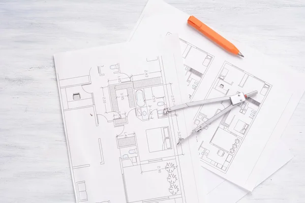 3d House plan with pencil and compass. — Stock Photo, Image