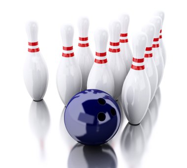 3D bowling pimleri ve mavi top