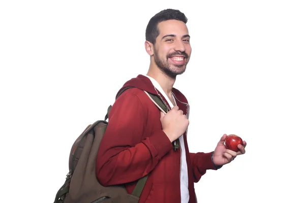 年轻的拉丁学生与苹果和背包的肖像 . — 图库照片