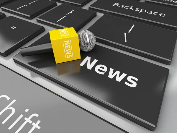 3D Nieuws-microfoon en computer toetsenbord met woord nieuws. — Stockfoto