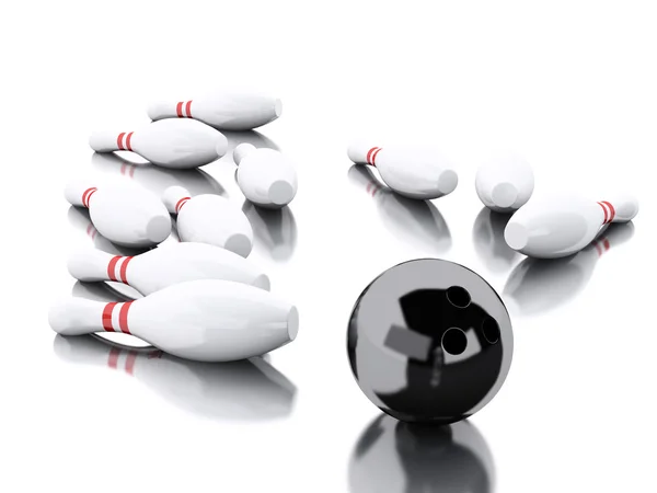 3d Bowling pins and black ball making a strike. — Stock Photo, Image