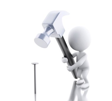 bir çivi vurmak çekiç ile 3D beyaz insanlar.