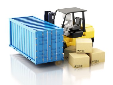 3d beyaz insanlar bir kargo konteyner forklift ile taşıma.