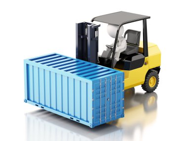 3d beyaz insanlar bir kargo konteyner forklift ile taşıma.
