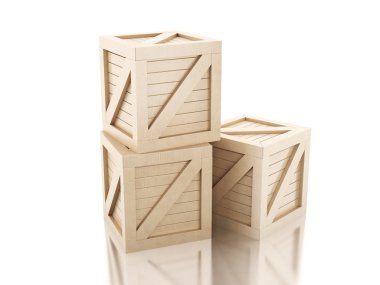 Beyaz arka plan üzerinde 3D Tahta sandıklar. 