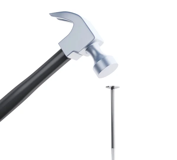 3D-Hammer trifft einen Nagel. Baukonzept. — Stockfoto