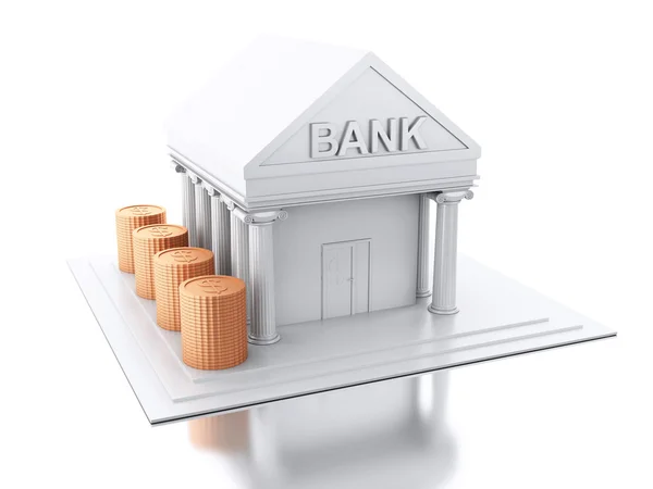3D-s bank épület pénz érmék. — Stock Fotó