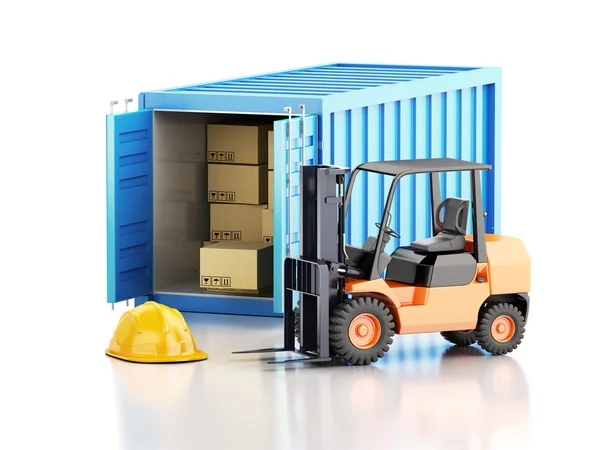 3D-cargo container met heftruck en kartonnen dozen. — Stockfoto