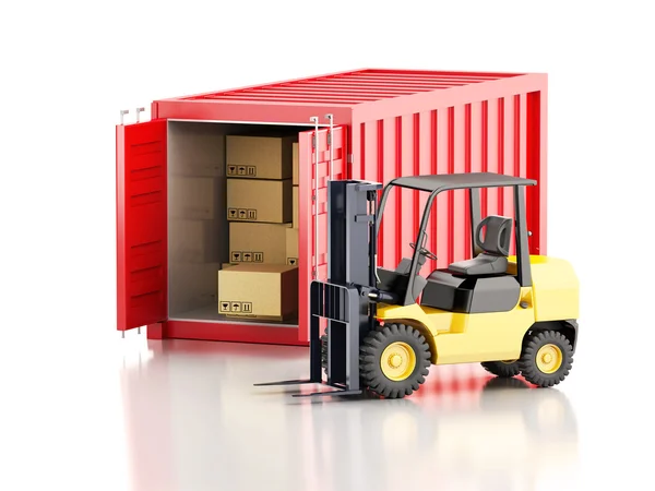 3D-cargo container met heftruck en kartonnen dozen. — Stockfoto