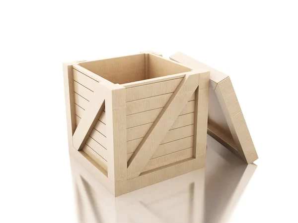 3D otevřené dřevěné bedně proti Bílému pozadí. — Stock fotografie