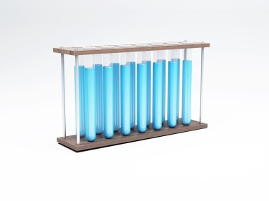 Mavi sıvı ile 3D Test tüpleri. Bilim kavramı.