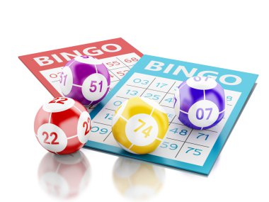 renkli bingo topları ile 3D bingo kartları. 