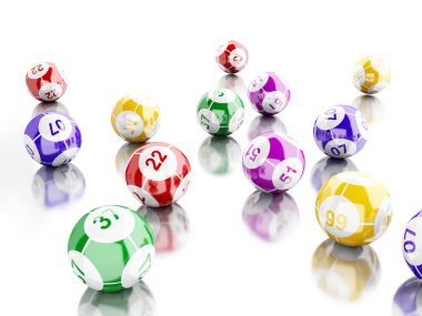 3D renkli bingo topları beyaz arka plan.