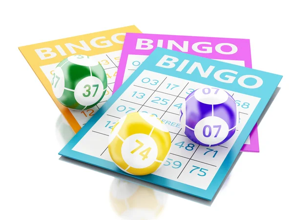 Tarjetas de bingo 3d con bolas de bingo coloridas . — Foto de Stock