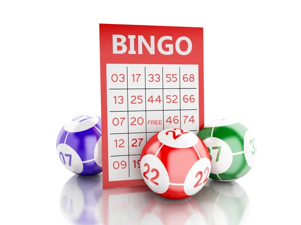 3d tarjeta de bingo rojo con bolas de bingo . — Foto de Stock