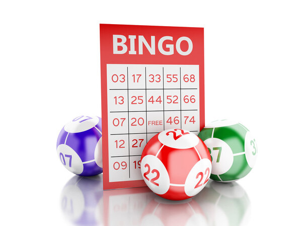 3d Red bingo card with bingo balls. 