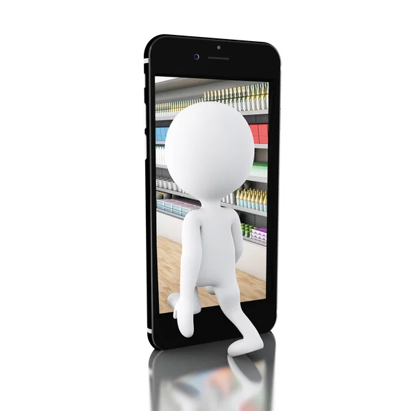 3d personas blancas de compras con teléfono inteligente. Tienda concepto en línea . — Foto de Stock