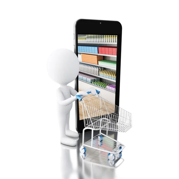 3d White people with trolley and smartphone. Shop online concept — Stock Photo, Image