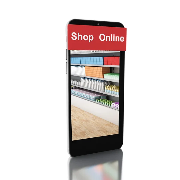 Tienda de comestibles 3d en smartphone. Tienda concepto en línea . — Foto de Stock