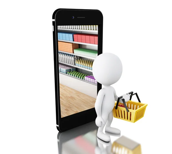 3d White people with cart and smartphone. Shop online concept. — Stock Photo, Image